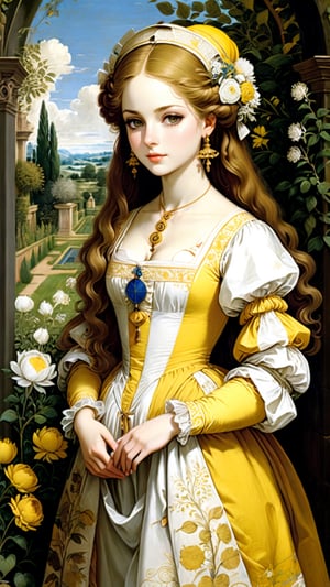 A protrait, resplendent ornate girl in the garden, wearing yellow and white folk dress, by Leonardo da Vinci,scenery