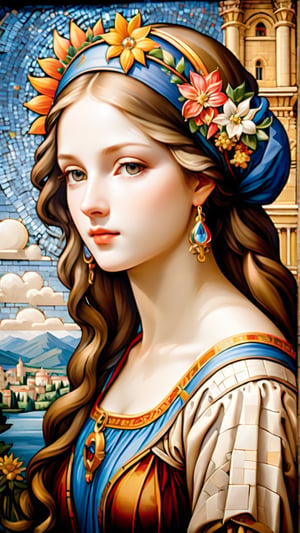 Byzantine mosaic of a beautiful girl. (masterpiece, top quality, best quality, official art, beautiful and aesthetic:1.2), (1girl:1.4), portrait, extreme detailed, highest detailed, simple background, 16k, high resolution, perfect dynamic composition, bokeh, (sharp focus:1.2), super wide angle, high angle, high color contrast, medium shot, depth of field, blurry background,,itacstl, by Leonardo da Vinci