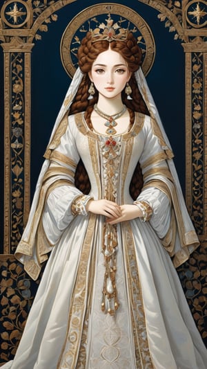 A protrait, resplendent ornate girl, wearing white taffeta dress, by Leonardo da Vinci,Renaissance Sci-Fi Fantasy
