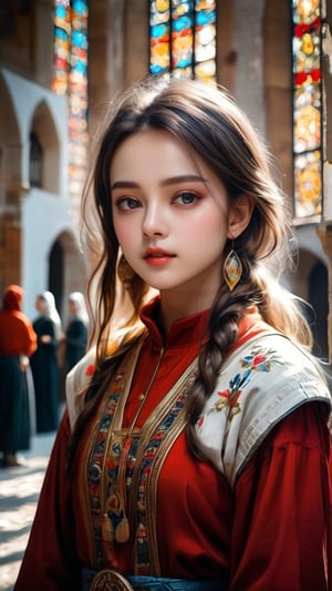 A Byzantine style girl in monastery. (masterpiece, top quality, best quality, official art, beautiful and aesthetic:1.2), (1girl:1.4), portrait, extreme detailed, highest detailed, simple background, 16k, high resolution, perfect dynamic composition, bokeh, (sharp focus:1.2), super wide angle, high angle, high color contrast, medium shot, depth of field, blurry background,,itacstl,3g3Kl0st3rXL