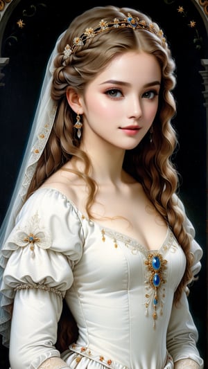 A protrait, resplendent ornate girl, wearing white dress, sparkle velvet, oil painting, by Leonardo da Vinci,oil paint 