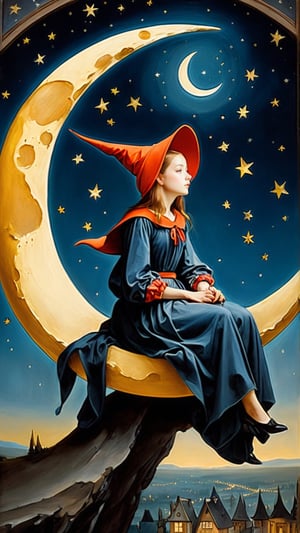 (masterpiece, top quality, best quality, official art, beautiful and aesthetic:1.2), (1girl:1.4), extreme detailed, a witch sitting on a crescent moon through a starry night, captured in the detailed gouache style of Hieronymous Bosch, 