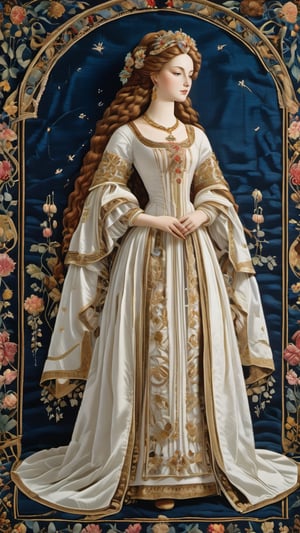 A  tapestry, resplendent ornate girl, wearing white taffeta dress, by Leonardo da Vinci,more detail XL,Renaissance Sci-Fi Fantasy