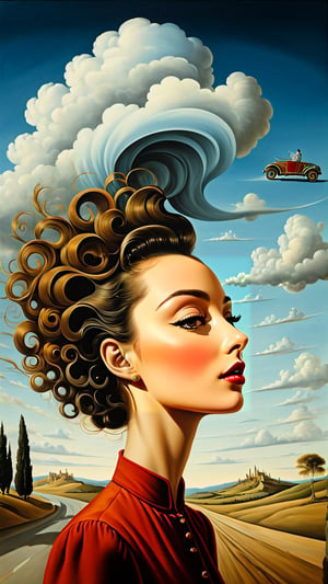 A woman drives with the wind in her hair, against a backdrop reminiscent of Salvador Dali's surrealistic style. landscape, clouds, trees,