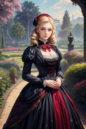 A girl in the Victorian era, promenade attire, garden, outdoor, (masterpiece, top quality, best quality, official art, beautiful and aesthetic:1.2), (1girl:1.4), vivid color, colorful, blonde hair, extreme detailed, highest detailed,