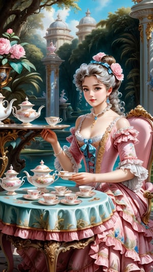 A girl enjoying afternoon tea in a Rococo setting, surrounded by ornate furniture and delicate teacups, by Francois Boucher, outdoor, landscape, smooth and beautiful lines, ultra-realistic, fine textures and rich details, colorful,