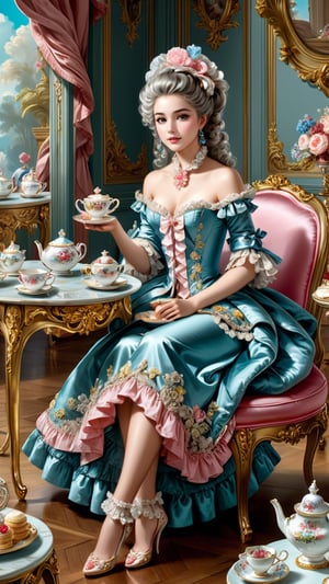 A girl enjoying afternoon tea in a Rococo setting, surrounded by ornate furniture and delicate teacups, by Francois Boucher,  (masterpiece, top quality, best quality, official art, beautiful and aesthetic:1.2),  extreme detailed, highest detailed, subject focused, 16k, high resolution, sharp focus, high color contrast, (fractal art:1.3), (colorful:1.5), (aristocracy:1.5),
