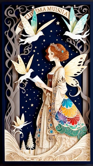 Gustav Klimt and Mucha style, the combination of Grimm's fairy tale and Mulsia style, realistic paintings, ultra-realistic girls with fine textures and rich details of paper sculpture art, depth of three-dimensional sense, colorful, the image has a mysterious, extremely luminous and bright design, soft colors,papercut