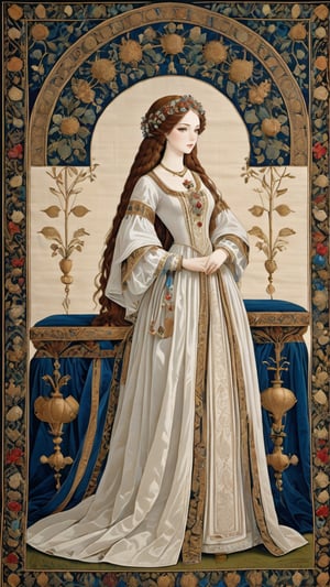 A tapestry, resplendent ornate girl, wearing white taffeta dress, by Leonardo da Vinci,Renaissance Sci-Fi Fantasy
