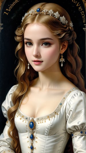 A resplendent ornate girl, wearing white dress, sparkle velvet, protrait, oil painting, by Leonardo da Vinci,