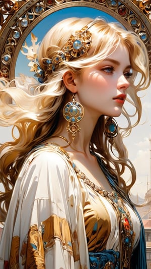 (Byzantine Heads: Blonde) by Mucha: a blonde hair girl wears a white scarf in her hair embellished with jewels and an ornate metal disk fringed with pearls. (masterpiece, top quality, best quality, official art, beautiful and aesthetic:1.2), (1girl:1.4), portrait, extreme detailed, highest detailed, simple background, 16k, high resolution, perfect dynamic composition, bokeh, (sharp focus:1.2), super wide angle, high angle, high color contrast, medium shot, depth of field, blurry background,,itacstl,3g3Kl0st3rXL