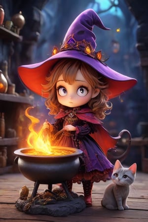 A witch. Digital painting, ultra-detailed, cinematic, masterpiece, beautiful and aesthetic, vibrant color, exquisite details and textures, Warm tone, ultra realistic illustration, (cute girl, 3year old:1.5), cute eyes, big eyes, (a sullen look:1.2), 16K, (HDR:1.4), high contrast, bokeh:1.2, lens flare, siena natural ratio, children's (1girl, whimsical cute young witch, full body shot, ral-vltne, elaborate witch outfit, elaborate witch hat, dress of vibrant colors, golds, reds, purples, lace up victorian boots on her feet. cats, potions, cauldron, elaborate witch lair, unreal, mystical, luminous, surreal, high resolution, sharp details, in 8k resolution), ultra hd, realistic, vivid colors, highly detailed, UHD drawing, perfect composition, beautiful detailed intricate insanely detailed octane render trending on artstation, 8k artistic photography, photorealistic concept art, soft natural volumetric cinematic perfect light, .chibi,Xxmix_Catecat,Tim Burton Style