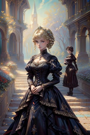 A girl in the Victorian era, promenade attire, garden, outdoor, (masterpiece, top quality, best quality, official art, beautiful and aesthetic:1.2), (1girl:1.4), vivid color, colorful, blonde hair, extreme detailed, highest detailed,oil painting,masterpiece,classic painting,