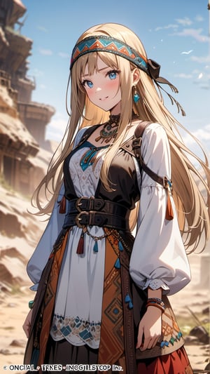 A stunning young woman dressed in Bohemian-style attire, (long straight hair:1.4), adorned with soft fabrics, white lace shirt, ethnic pattern prints layered skirt, bracelets, tassels, headbands, belts, and leather accents, exuding a free-spirited charm. (masterpiece, top quality, best quality, official art, beautiful and aesthetic:1.2), (1girl:1.4), blonde hair, portrait, extreme detailed, highest detailed, depth of field. full body shot, layered jewelry, headscarve, wasteland style,cinematic style