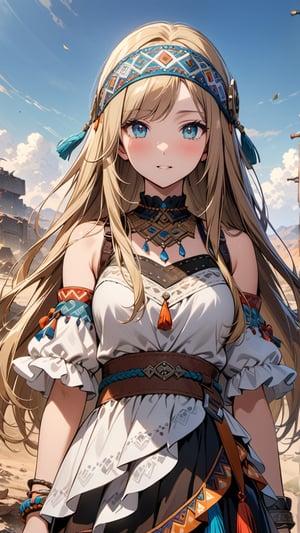 A stunning young woman dressed in Bohemian-style attire, (long straight hair:1.4), adorned with soft fabrics, white lace shirt, ethnic pattern prints layered skirt, bracelets, tassels, headbands, belts, and leather accents, exuding a free-spirited charm. (masterpiece, top quality, best quality, official art, beautiful and aesthetic:1.2), (1girl:1.4), blonde hair, portrait, extreme detailed, highest detailed, depth of field. full body shot, layered jewelry, headscarve, wasteland style,more detail XL