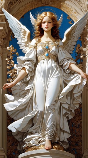 A resplendent ornate female angel, wearing white taffeta dress, by James C Christensen, 