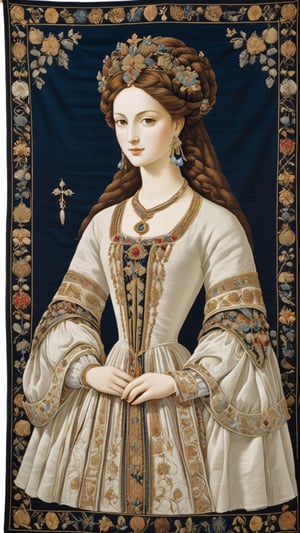 A tapestry, resplendent ornate girl, wearing white taffeta dress, by Leonardo da Vinci,more detail XL