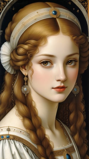 A protrait, resplendent ornate girl, wearing white dress, sparkle velvet, by Leonardo da Vinci,more detail XL,art_booster