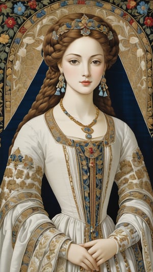 A tapestry, resplendent ornate girl, wearing white taffeta dress, by Leonardo da Vinci,more detail XL,art_booster