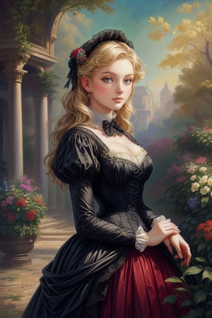 A girl in the Victorian era, promenade attire, garden, outdoor, (masterpiece, top quality, best quality, official art, beautiful and aesthetic:1.2), (1girl:1.4), vivid color, colorful, blonde hair, extreme detailed, highest detailed,oil painting,masterpiece,classic painting,