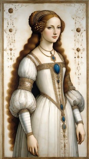 A protrait, resplendent ornate girl, wearing white dress, sparkle velvet, by Leonardo da Vinci,