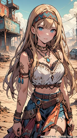 A stunning young woman dressed in Bohemian-style attire, (long straight hair:1.4), adorned with soft fabrics, white lace shirt, ethnic pattern prints layered skirt, bracelets, tassels, headbands, belts, and leather accents, exuding a free-spirited charm. (masterpiece, top quality, best quality, official art, beautiful and aesthetic:1.2), (1girl:1.4), blonde hair, portrait, extreme detailed, highest detailed, depth of field. full body shot, layered jewelry, headscarve, wasteland style,Comic Book-Style 2d