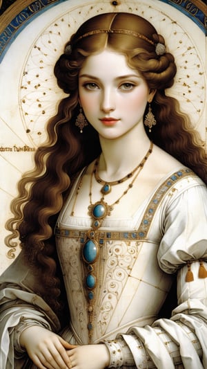 A protrait, resplendent ornate girl, wearing white dress, sparkle velvet, by Leonardo da Vinci,more detail XL