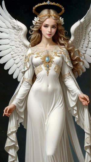 A resplendent ornate female angel, wearing white dress, by James C Christensen,