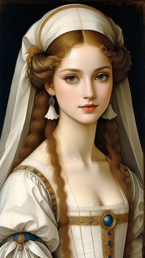 A protrait, resplendent ornate girl, wearing white taffeta dress, by Leonardo da Vinci,more detail XL,art_booster