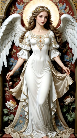 A resplendent ornate female angel, wearing white dress, tapestry background, by James C Christensen,