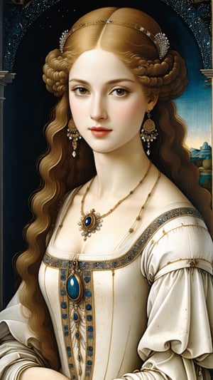 A protrait, resplendent ornate girl, wearing white dress, sparkle velvet, by Leonardo da Vinci,more detail XL