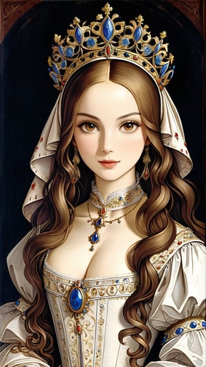 A protrait, resplendent ornate girl, wearing white taffeta dress, by Leonardo da Vinci,