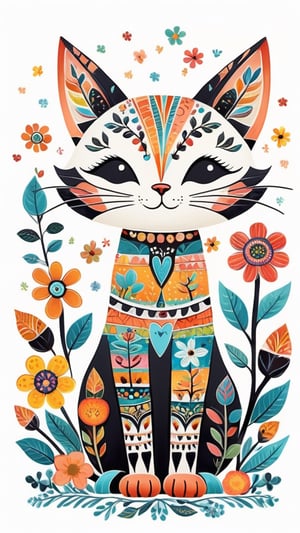 A cute cat with long legs, flowers, clouds, trees, in the style of Edward Tingatinga, in a whimsical folk art style with vivid colors, white background, Xxmix_Catecat