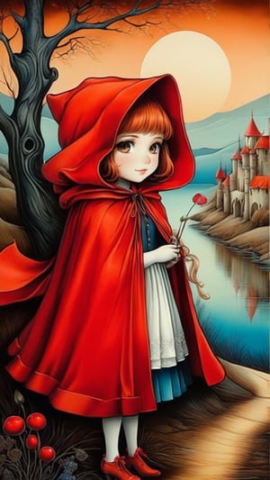 (1 girl:1.2), little red riding hood, Grimm's fairy tale and the Renaissance by Bosch, maximalism luxury and vibrant, outdoor, landscape, pastel colors, smooth and beautiful lines, art nouveau background, ultra-realistic, fine textures and rich details, colorful,in the style of esao andrews