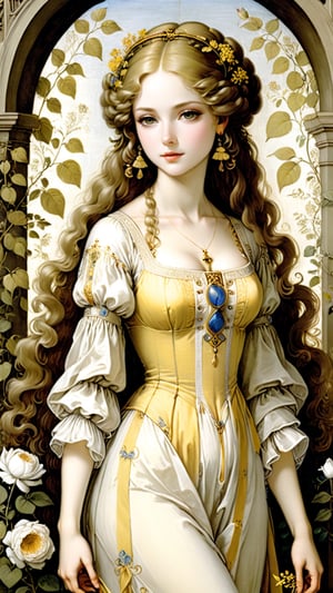 A protrait, resplendent ornate girl in the garden, wearing light yellow and white flowing dress, by Leonardo da Vinci,