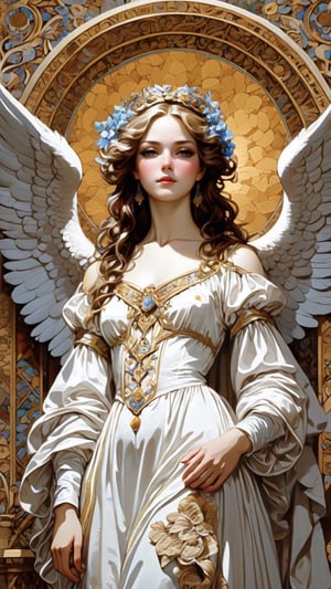 A resplendent ornate female angel, wearing white taffeta dress, tapestry background, by James C Christensen