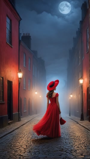 In a cobblestone alley of 18th century London at night, lots of fog, lit by street lamps, a girl walks down the street in red evening dress blown by the wind, a red hat, mysterious atmosphere, grey hues, (masterpiece, top quality, best quality, official art, beautiful and aesthetic:1.2), (1girl:1.4), portrait, extreme detailed, highest detailed, simple background, 16k, high resolution, perfect dynamic composition, bokeh, (sharp focus:1.2), super wide angle, high angle, high color contrast, medium shot, depth of field, blurry background,potma style, ,digital artwork by Beksinski,portraitart