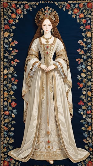 A tapestry, resplendent ornate girl, wearing white taffeta dress, by Leonardo da Vinci,