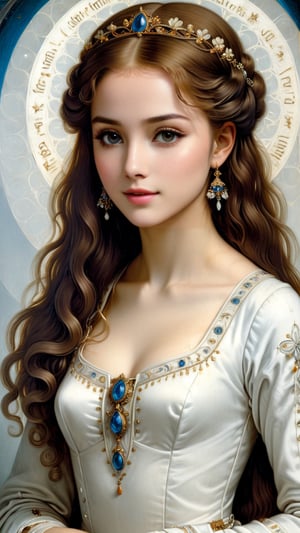 A resplendent ornate girl, wearing white dress, sparkle velvet, protrait, oil painting, by Leonardo da Vinci,more detail XL
