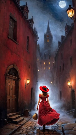 In a cobblestone alley of 18th century London at night, lots of fog, lit by street lamps, a girl walks down the street in red evening dress blown by the wind, a red hat, mysterious atmosphere, (masterpiece, top quality, best quality, official art, beautiful and aesthetic:1.2), (1girl:1.4), portrait, extreme detailed, highest detailed, simple background, 16k, high resolution, perfect dynamic composition, bokeh, (sharp focus:1.2), super wide angle, high angle, high color contrast, medium shot, depth of field, blurry background,potma style, ,digital artwork by Beksinski,portraitart