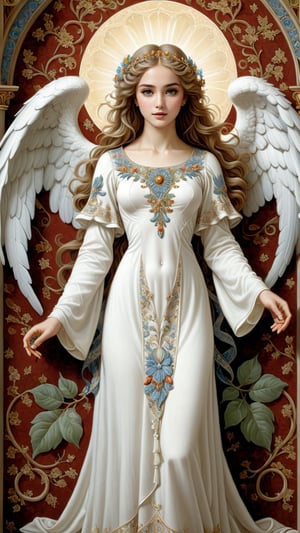 A resplendent ornate female angel, wearing white dress, tapestry background, by James C Christensen,