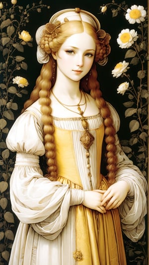 A protrait, resplendent ornate girl in the garden, wearing light yellow and white flowing dress, by Leonardo da Vinci