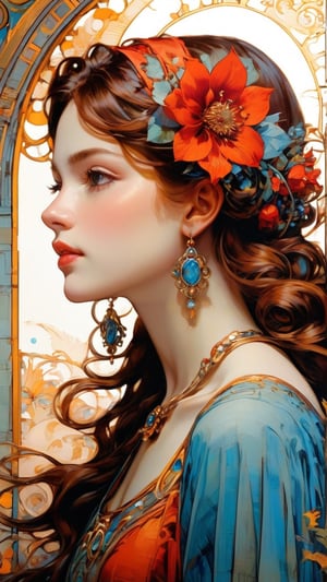 (Byzantine Heads: brunette) by Mucha: a brunette hair girl, portrayed in profile, delicately rendered but majestically scaled jewelry, long hair, red hair ornament, jewelry, flower, earrings, hair flower. (masterpiece, top quality, best quality, official art, beautiful and aesthetic:1.2), (1girl:1.4), portrait, extreme detailed, highest detailed, simple background, 16k, high resolution, perfect dynamic composition, bokeh, (sharp focus:1.2), super wide angle, high angle, high color contrast, medium shot, depth of field, blurry background, in the style of esao andrews,3g3Kl0st3rXL