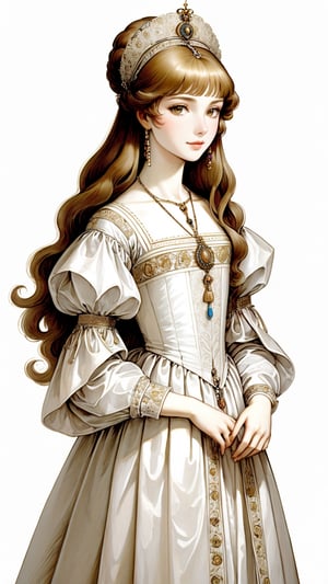 A protrait, resplendent ornate girl, wearing white taffeta dress, by Leonardo da Vinci,
