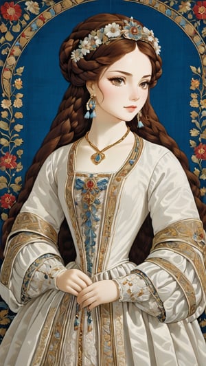 A protrait, resplendent ornate girl, wearing white taffeta dress, tapestry background, by Leonardo da Vinci,