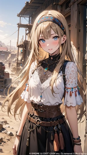 A stunning young woman dressed in Bohemian-style attire, (long straight hair:1.4), adorned with soft fabrics, white lace shirt, ethnic pattern prints layered skirt, bracelets, tassels, headbands, belts, and leather accents, exuding a free-spirited charm. (masterpiece, top quality, best quality, official art, beautiful and aesthetic:1.2), (1girl:1.4), blonde hair, portrait, extreme detailed, highest detailed, depth of field. full body shot, layered jewelry, headscarve, wasteland style,FilmGirl