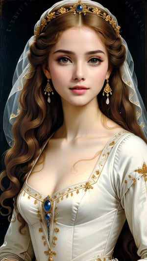 A resplendent ornate girl, wearing white dress, sparkle velvet, oil painting, by Leonardo da Vinci,more detail XL