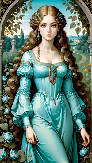 A protrait, resplendent ornate girl in the garden, wearing light Tiffany Blue flowing dress, by Leonardo da Vinci,