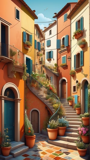 A view of an Italian street corner. A whimsical folk art, surreal naive art style illustration, whimsical scene, swirling patterns of (houses, steps and drying clothes), fractal elements within the patchwork gardens, aesthetic touches, ultrafine detail.
