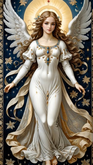 A resplendent ornate female angel, wearing white dress, sparkle velvet, tapestry background, by Leonardo da Vinci,more detail XL